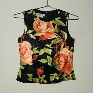 Kay Unger NY 100% Silk Sleeveless Fitted Black Orange Peach Floral Top Roses